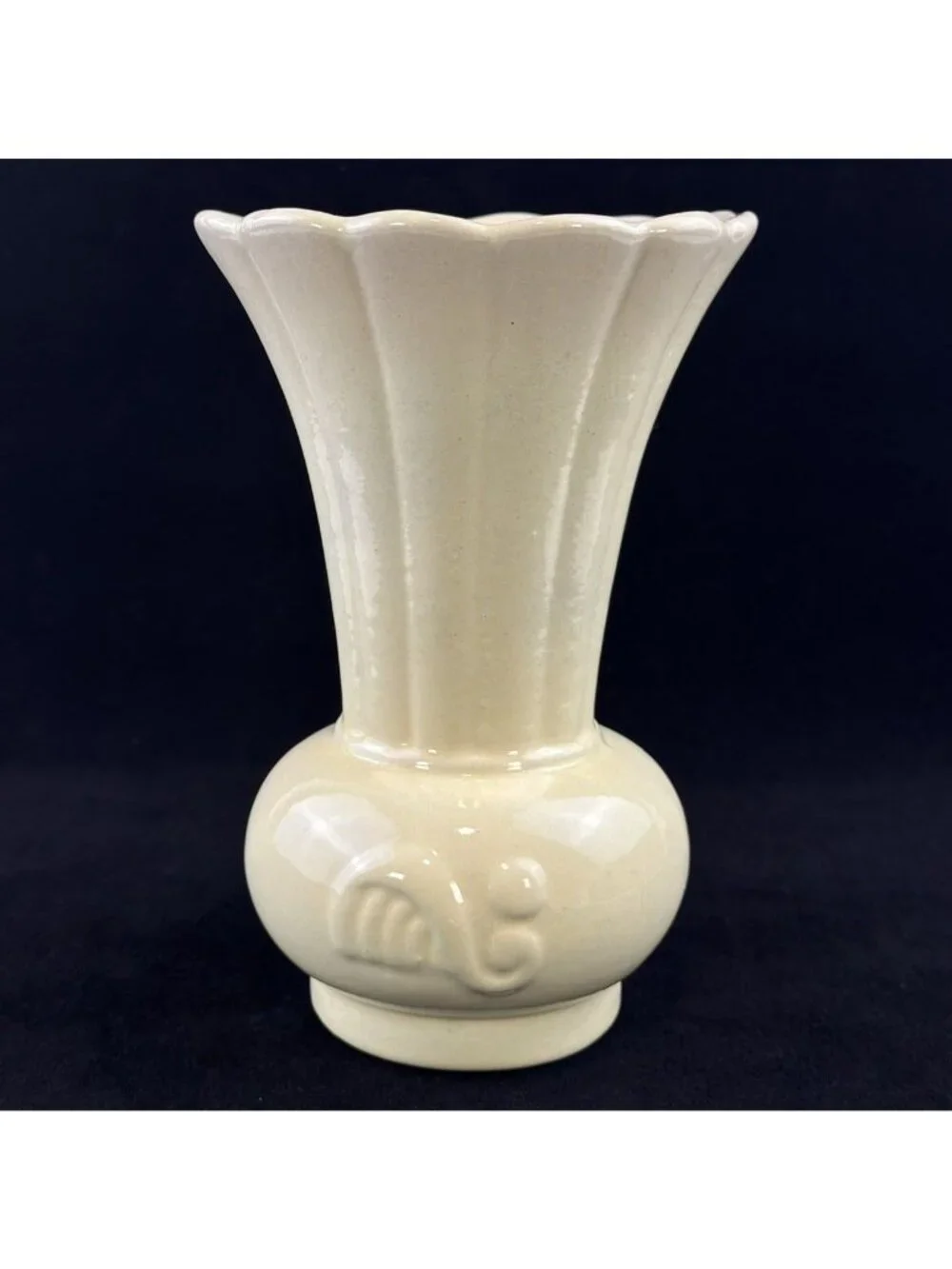Vintage Cream Ceramic Vase Scalloped Rim Embossed Scroll 6.5” Tall Pottery